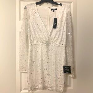 Lulus Noticeable Shine White Sequin Beaded Long Sleeve Mini Dress, Medium, White